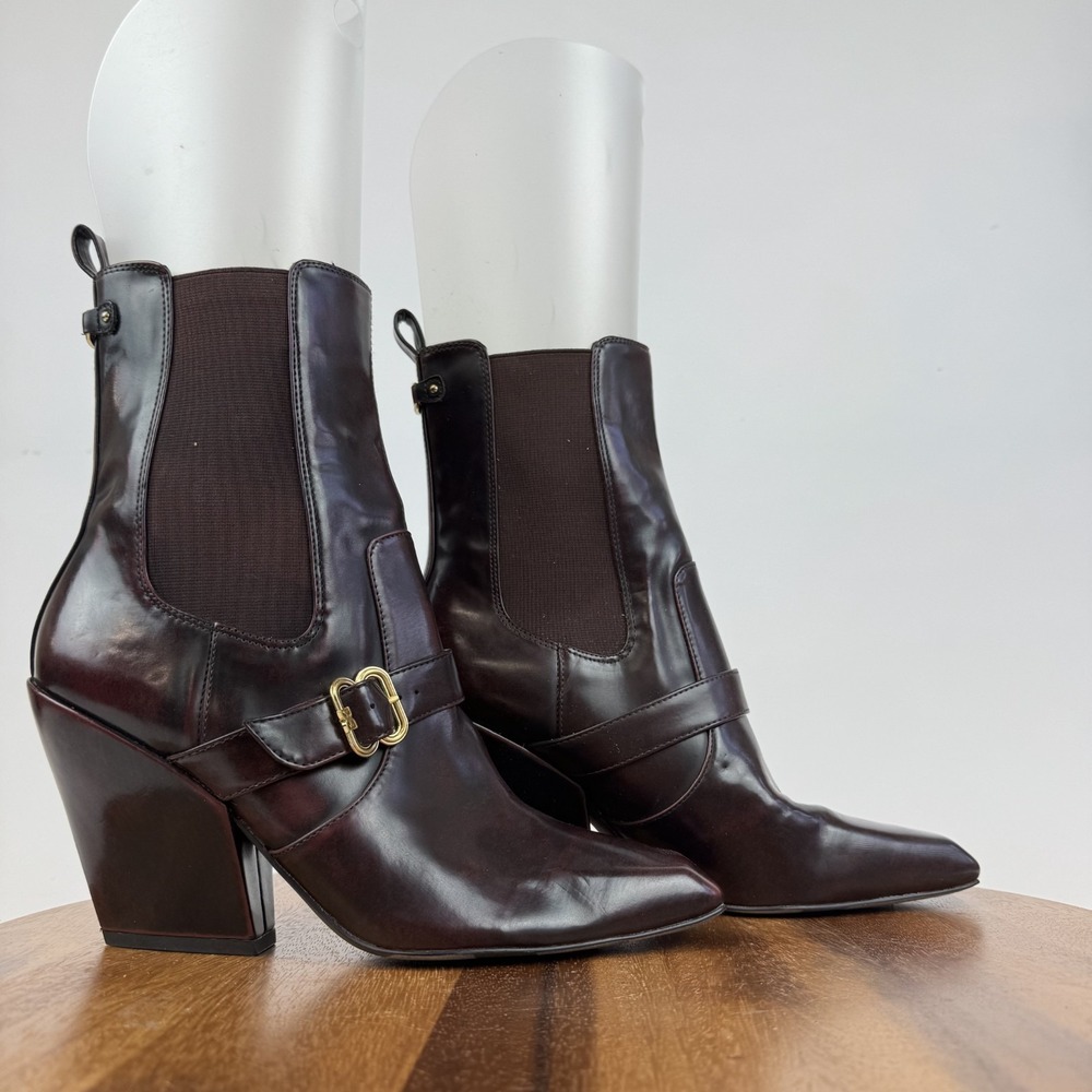 Womens Sam Edelman Suzette Burgundy Faux Leather Heeled Chelsea Boots Size 8.5 M